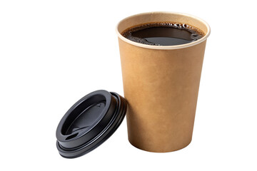 Disposable Kraft Paper Coffee Cup Takeaway Drink with Lid isolated on Transparent Background