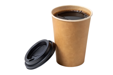 Disposable Kraft Paper Coffee Cup Takeaway Drink with Lid isolated on Transparent Background