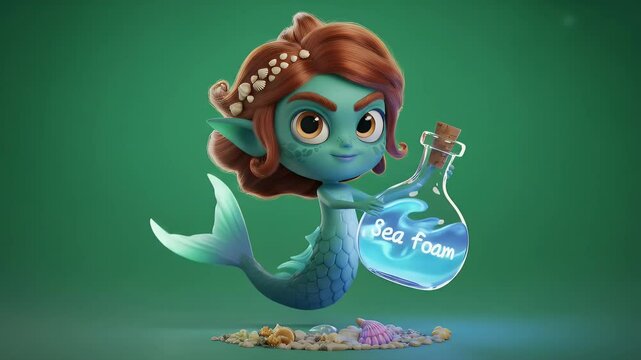 Pixelated Mermaid Holding Sea Foam Bottle Against Green Screen Background 3D Render Animation