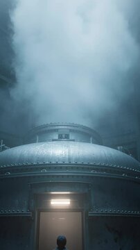Mysterious cloning experiment with dinosaur DNA unfolds inside foggy industrial metal chamber emitting thick steam evoking awe and curiosity