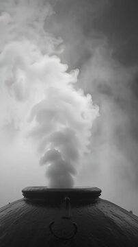 Steam and black smoke rise from large round metal industrial container, vapor swirling creating mysterious fog atmosphere resembling dinosaur cloning