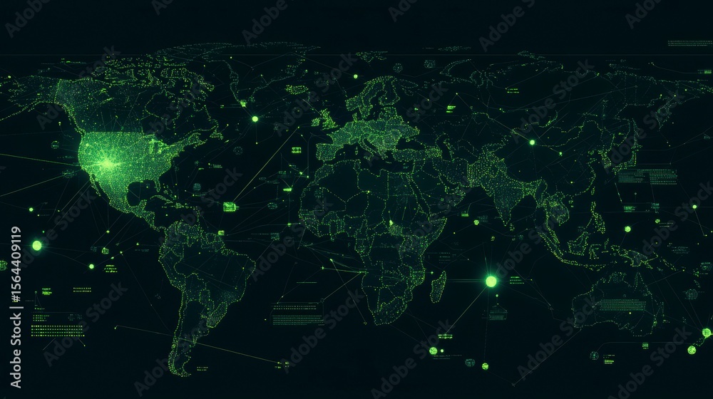 Canvas Prints glowing green digital world map with connections.