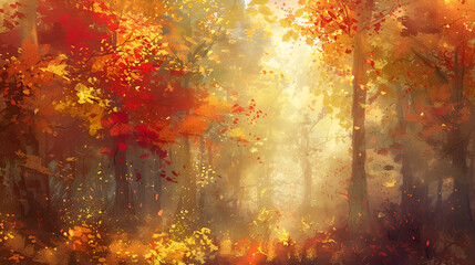 A vibrant autumn forest scene with colorful foliage and sunlight filtering through the trees creating a warm glow