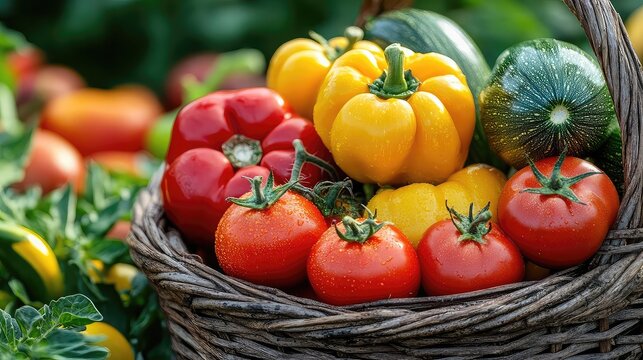 Homegrown fruits vegetables, tomatoes, zucchini, peppers stacked in basket, rural self-reliance and organic lifestyle supported through home garden farming methods