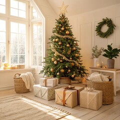 wrapped-gifts-in-natural-fabric-under-christmas