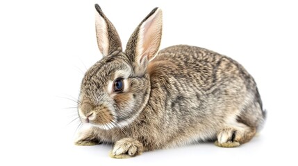 Fototapeta premium A grey rabbit stands alone on a spotless white background, presenting a simple yet charming animal - related scene that showcases the soft fur and gentle posture of the grey rabbit.