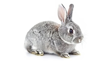 Fototapeta premium A grey rabbit stands alone on a spotless white background, presenting a simple yet charming animal - related scene that showcases the soft fur and gentle posture of the grey rabbit.