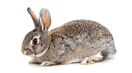 Fototapeta premium A grey rabbit stands alone on a spotless white background, presenting a simple yet charming animal - related scene that showcases the soft fur and gentle posture of the grey rabbit.