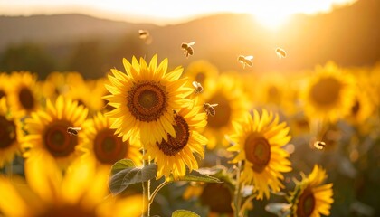 Obraz premium Yellow sunflowers brightly blossom in a summer field under a colorful sky an bee