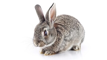 Fototapeta premium A grey rabbit stands alone on a spotless white background, presenting a simple yet charming animal - related scene that showcases the soft fur and gentle posture of the grey rabbit.