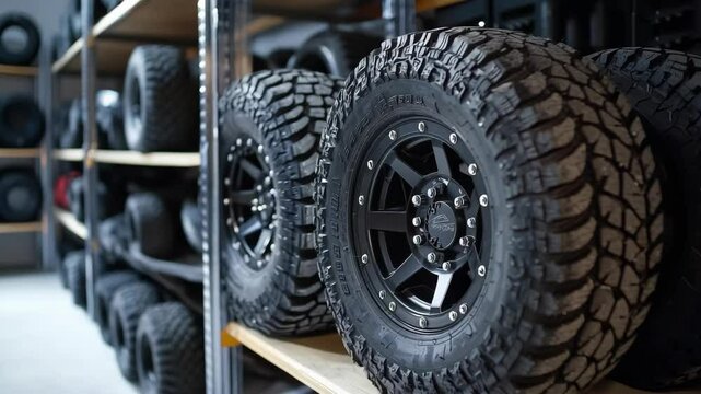 Durable all-terrain tires displayed on shelves in auto shop for off-road enthusiasts looking for rugged performance
