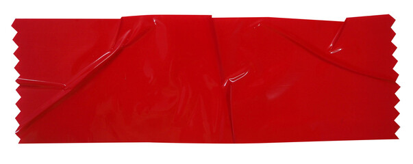 Crumpled torn pieces of red packing tape, adhesive sealing tape, sticky torn plastic on transparent background