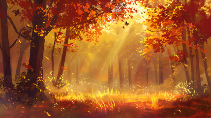 A painted scene of an autumn forest with leaves falling and sunlight shining through the trees