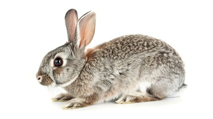 Fototapeta premium A grey rabbit stands alone on a spotless white background, presenting a simple yet charming animal - related scene that showcases the soft fur and gentle posture of the grey rabbit.