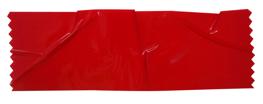 Crumpled torn pieces of red packing tape, adhesive sealing tape, sticky torn plastic on transparent background