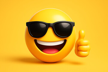 Happy world emoji day a cool emoji with black sunglasses and a confident thumbs up gesture radiating positive vibes on a vibrant yellow background