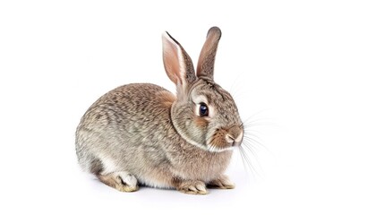 Fototapeta premium A grey rabbit stands alone on a spotless white background, presenting a simple yet charming animal - related scene that showcases the soft fur and gentle posture of the grey rabbit.
