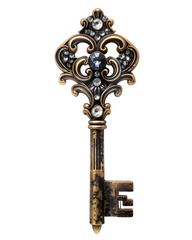 Ornate jeweled antique key on black background