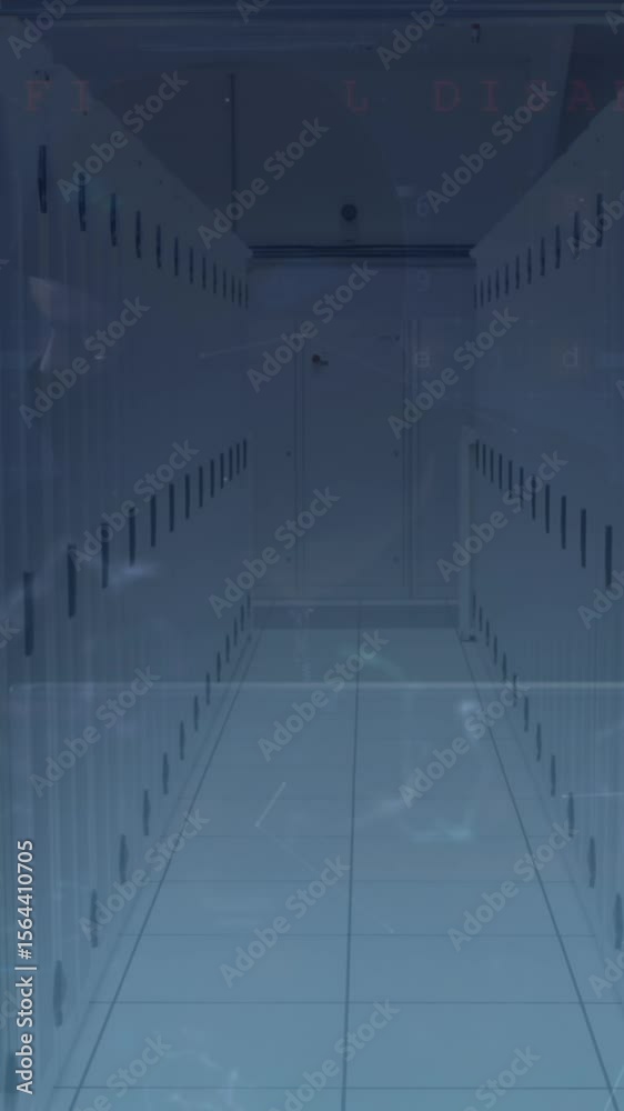 Poster animation of cyber security data processing over empty computer server room