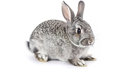 Fototapeta premium A grey rabbit stands alone on a spotless white background, presenting a simple yet charming animal - related scene that showcases the soft fur and gentle posture of the grey rabbit.