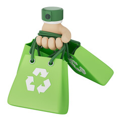 Eco friendly green reusable shopping bag held by hand symbolizing sustainable environment protect earth save nature reduce waste recycle future clean planet simple modern icon