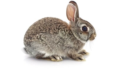 Fototapeta premium A grey rabbit stands alone on a spotless white background, presenting a simple yet charming animal - related scene that showcases the soft fur and gentle posture of the grey rabbit.