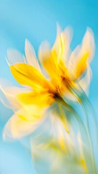 Abstract video concept of a yellow flower in motion blur against a blue sky, captured from a low angle for a dreamy, ethereal effect. Live mobile wallpaper.