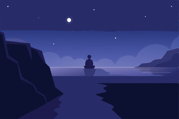 Meditative Stillness Person Silhouetted Against a Calm Sea Under a Starry Night Sky, Evoking Peace and Reflection.