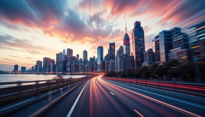 Obraz premium Asphalt Road Leading to Futuristic City Skyline at Dawn, skyline glows at sunset, with vibrant colors and streaks of car lights illuminating the road ahead 