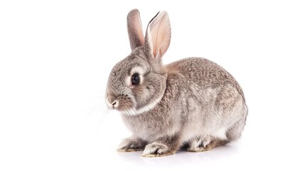 Fototapeta premium A grey rabbit stands alone on a spotless white background, presenting a simple yet charming animal - related scene that showcases the soft fur and gentle posture of the grey rabbit.
