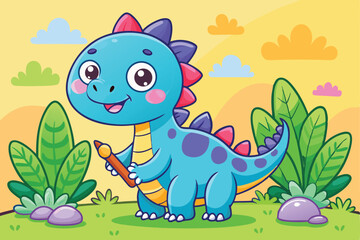 Obraz premium Cute Cartoon Dinosaur Holding a Pencil