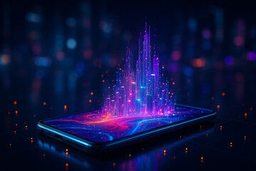 AI generated digital cityscape rising from a smartphone screen symbolizing futuristic data interaction and immersive holographic technology in a sci-fi concept