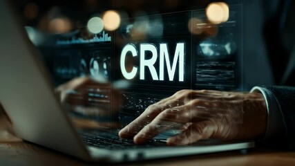 Man Typing on Laptop Overlayed with Crm Analytics Hologram Interface In Dark Background with Bokeh Lights - Powered by Adobe