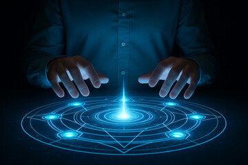 AI generated sci fi artwork of human hands hovering over glowing holographic circles with geometric energy patterns representing futuristic control power and digital mysticism fusion