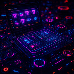 Obraz premium AI generated image of a glowing slot machine in a sci fi control panel setting combining casino gameplay with cyberpunk technology in vibrant neon lights and digital aesthetics