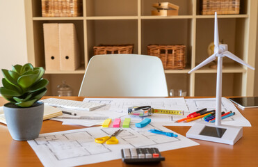 Desk in architect's office with blueprints, wind turbine model, solar panel model, measuring tape, colored pencils and other tools, representing sustainable and ecological construction design