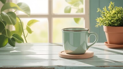 Gentle green mug beside potted plant on wooden table image