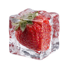 Photorealistic Macro of a Ripe Red Strawberry Encased in a Clear Ice Cube on Black