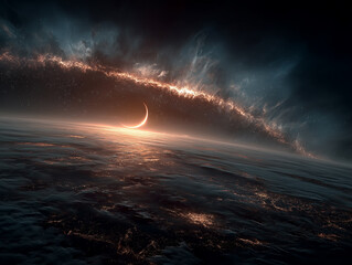 A minimal surreal scene of the sun fading into black void, earth in silhouette