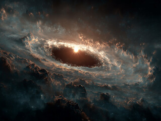 A minimal surreal scene of the sun fading into black void, earth in silhouette