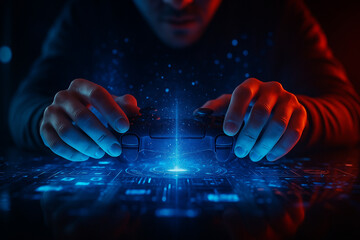 AI generated sci fi gaming artwork of hands holding a glowing controller releasing digital particles above a holographic interface representing immersive gameplay intensity and cyber energy