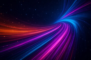 AI generated dynamic scene of vibrant neon light trails swirling through a starry digital void representing high speed data flow cosmic travel and futuristic energy transmission