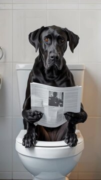 Comical black dog sitting on a toilet while seriously reading a newspaper in a white-tiled bathroom setting