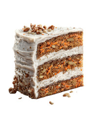 Rustic Carrot Cake Slice with Creamy Frosting and Nuts on Transparent Background