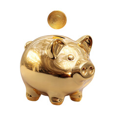 Shiny Polished Gold Piggy Bank and Coin Floating on Transparent Background