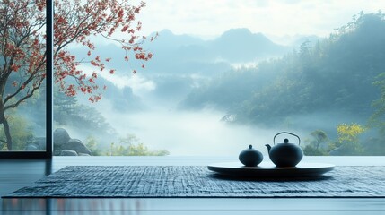 Serene Japanese tea ceremony setting overlooking misty mountains.