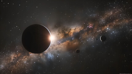 A view of planets in space with a bright star illuminating the scene and a distant galaxy behind