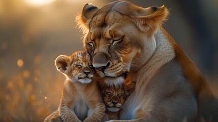 Lioness lovingly nuzzling her two cubs, warm light.