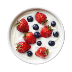 Strawberries and Blueberries in Creamy Yogurt Top Down View on Transparent Background