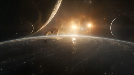 A cosmic view of planets and stars with a bright nebula illuminating the celestial landscape afar